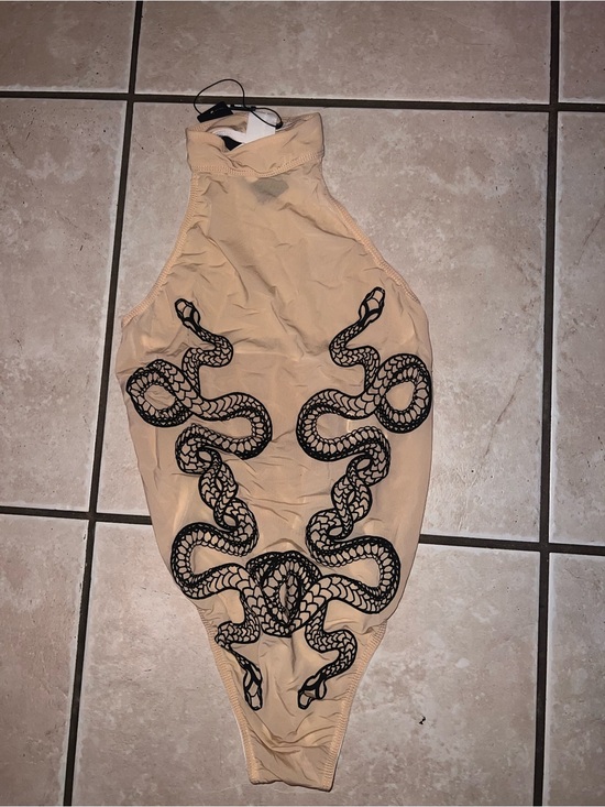 Fashion Nova Tops - Beige Snake Print Halter Bodysuit -